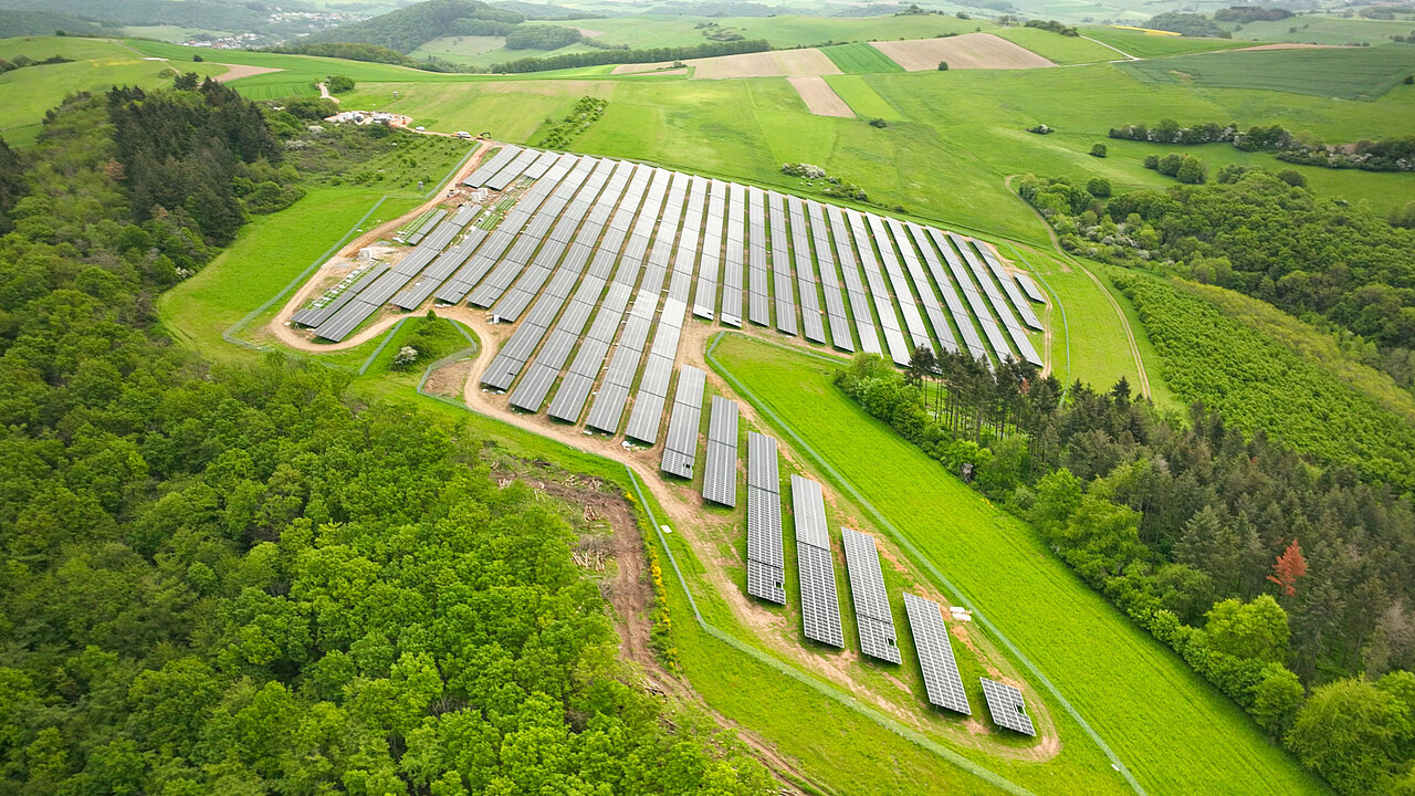 Der 8,6-Megawatt-Solarpark in Kreimbach-Kaulbach erstreckt sich über eine Fläche von 10 Hektar und liegt auf einem Gelände mit äußerst dünner Bodenauflage und geringer landwirtschaftlicher Ertragskraft. Die steinige Beschaffenheit des Bodens macht den Einsatz landwirtschaftlicher Maschinen nahezu unmöglich. Stattdessen wird die Fläche durch Schafbeweidung gepflegt. Diese Methode ist nicht nur naturnah, sondern auch besonders effektiv, um die Vegetationsstruktur zu erhalten und den Boden zu stabilisieren.
Der Standort grenzt an artenreiches Grünland und liegt in einer ökologisch wertvollen Naturkulisse. Deshalb gelten hier hohe Naturschutzauflagen. Um die ökologische Qualität der Fläche zu sichern, ist entweder eine Mähgutabfuhr oder eine Beweidung vorgeschrieben. Zusätzlich stellt Bodenerosion ein zentrales Risiko dar, da es keine natürlichen Rinnsale gibt, die das Wasser ableiten könnten. Die extensive Beweidung mit Schafen trägt wesentlich dazu bei, den Boden zu schützen und die Fläche nachhaltig zu pflegen. Freiflächensolarpark in einer Hanglage. Rundherum eine Wiese und Wälder.