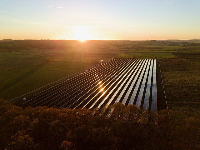 Bild eines PV-Parks im Sonnenaufgang. Die einzelnen Module reflektieren in der Sonne. 