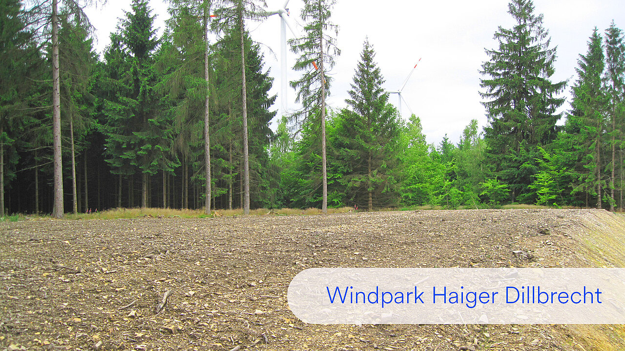Der Windpark Haiger Dillbrecht in Hessen: Das Bild zeigt eine Montagefläche nach dem Rückbau der Baustelle. Die Fläche steht unmittelbar vor der Aufforstung.