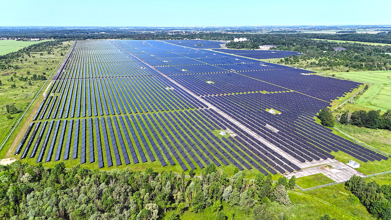 Auf sehr großen Flächen steht die kosteneffiziente Pflege im Vordergrund. Hier kommen oft Mähtrupps mit leistungsstarken Maschinen zum Einsatz, ergänzt durch gezielte ökologische Maßnahmen zur Förderung der Biodiversität. Ein Beispiel für eine großflächige Anlage ist der Solarpark Brandis. Der Solarpark erstreckt sich über eine 143 Hektar große Grünfläche auf dem Gelände eines ehemaligen. Flugplatzes. Die Pflege erfolgt zweimal jährlich durch Mahd mit Beräumung. Dabei wird das geschnittene Gras nicht liegen gelassen, sondern vollständig entfernt. Dieses Vorgehen fördert die Artenvielfalt und verhindert eine Verfilzung des Bodens. Die umliegenden Ausgleichsflächen werden zusätzlich beweidet. Zum Schutz der Bodenbrüter, wie dem Rebhuhn, gibt ein Ornithologe des NABU die Mahd erst nach Kontrolle der Fläche frei. Drohnenfoto von einem großen Freiflächensolarpark